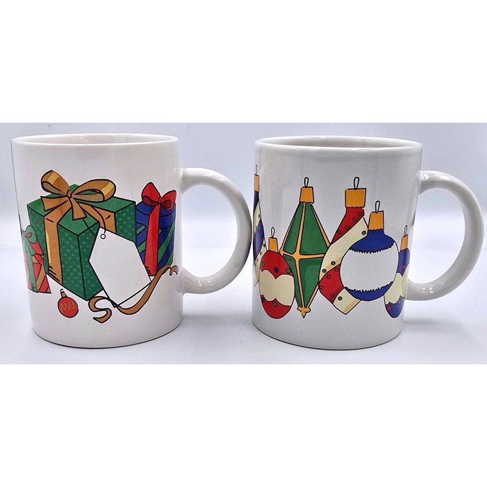 TB Toy Trading Vintage "Gifts, Ornaments & Ribbons" Christmas‎ Mugs Set of 2